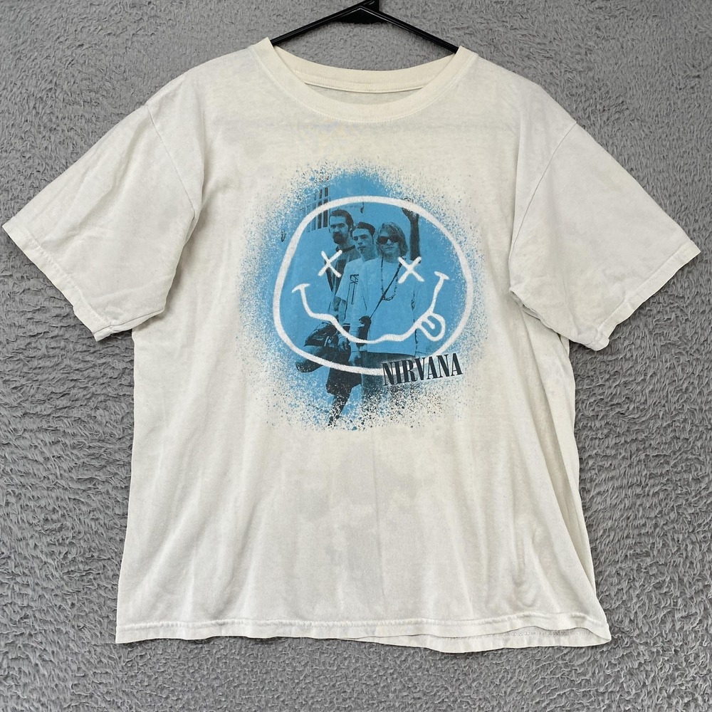 Nirvana Shirt Mens XL White Band Photo Smiley Logo Graphic‎ Tee Grunge Rock